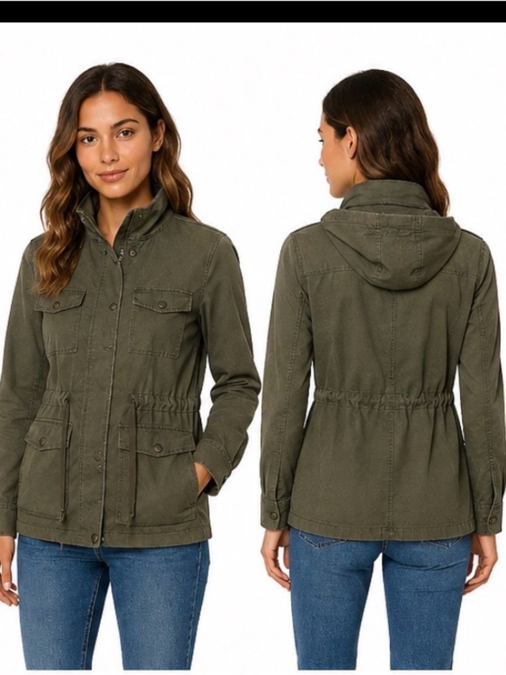 Leith Utility Olive Green Jacket Sz S Full Zip Snap Closure Hidden Hoodie fall
